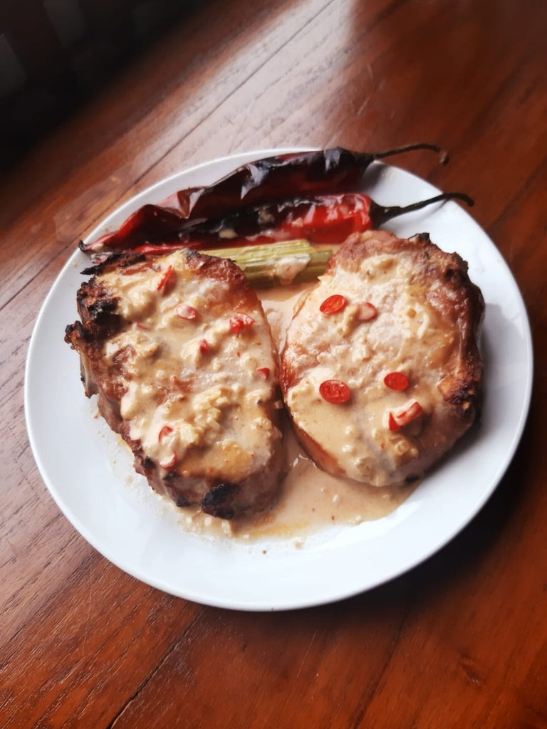 Grilled Pork Chops with Fire Roasted Peppers and Coconut Sauce
