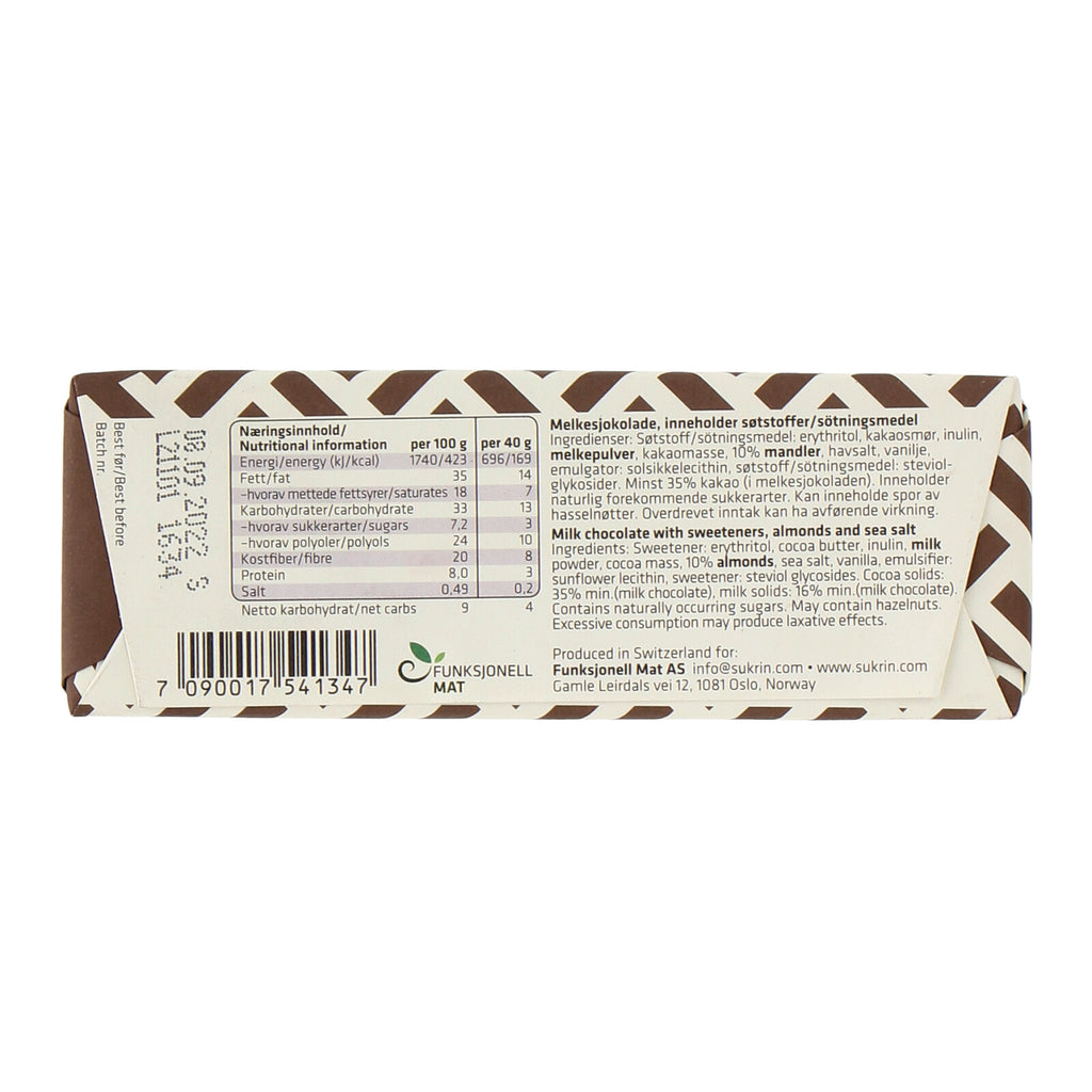 Sukrin Sugar Free Milk Chocolate Almond Sea Salt Bar (40g)